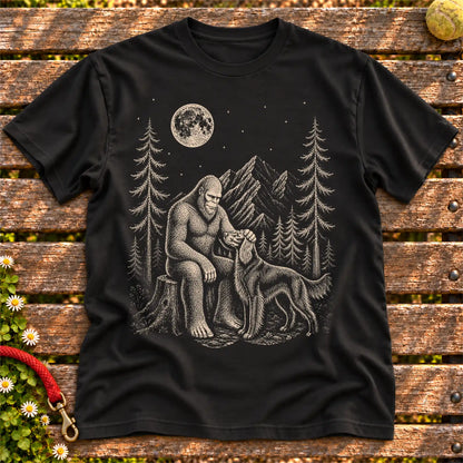 Irish Setter Bigfoot Petting on a Black T-shirt, shown flat