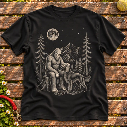 Irish Setter Bigfoot Petting on a Black T-shirt, shown flat