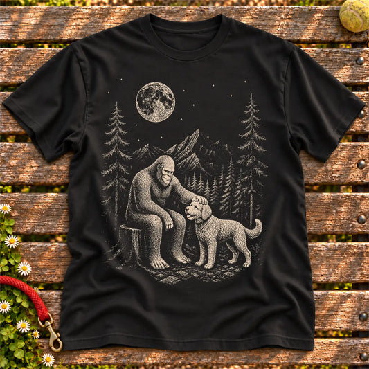 Labradoodle Bigfoot Petting on a Black T-shirt, shown flat