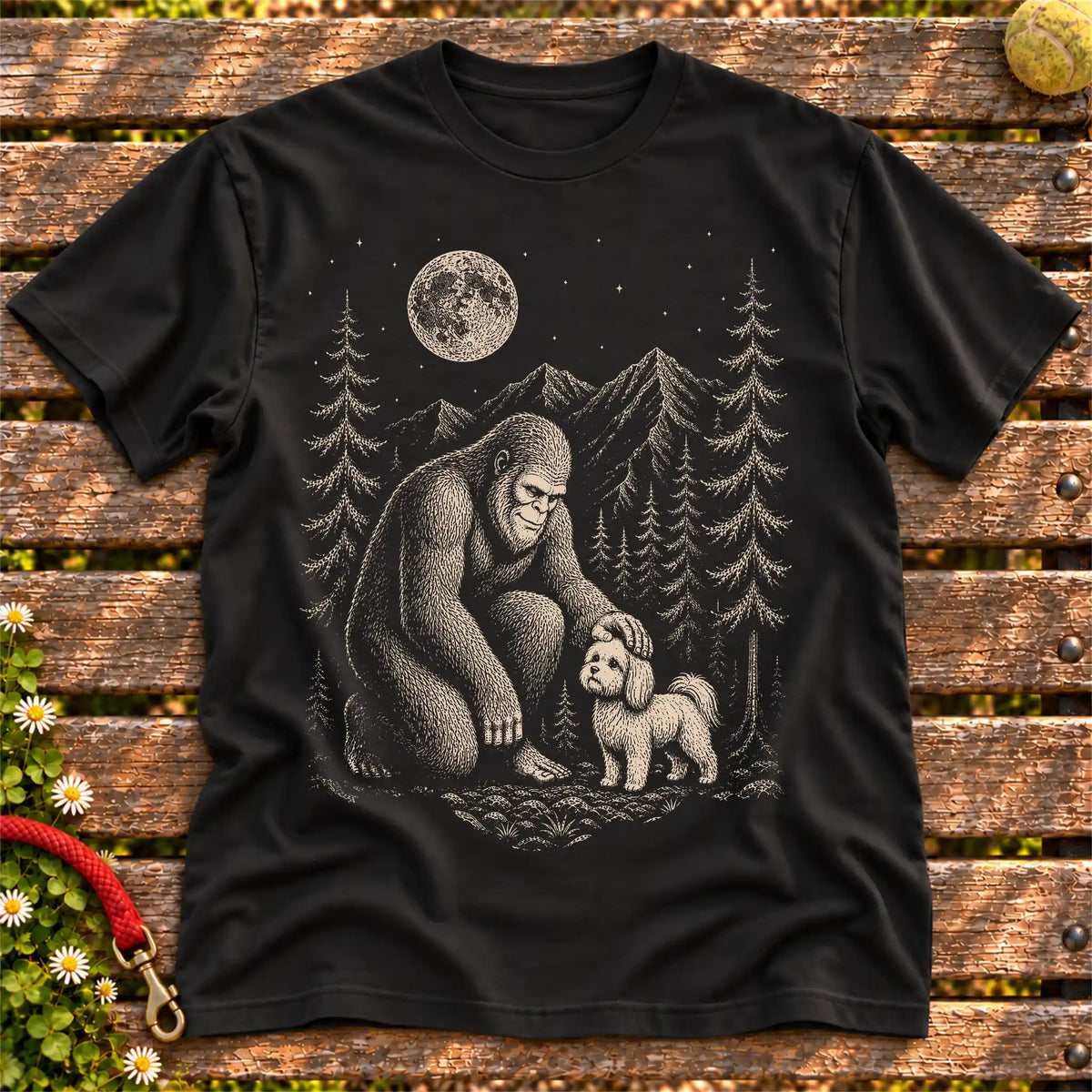 Maltese Bigfoot Petting on a Black T-shirt, shown flat