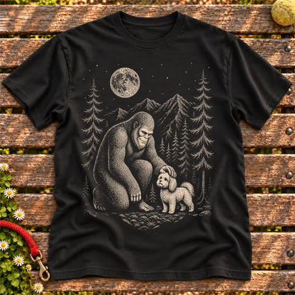 Maltese Bigfoot Petting on a Black T-shirt, shown flat