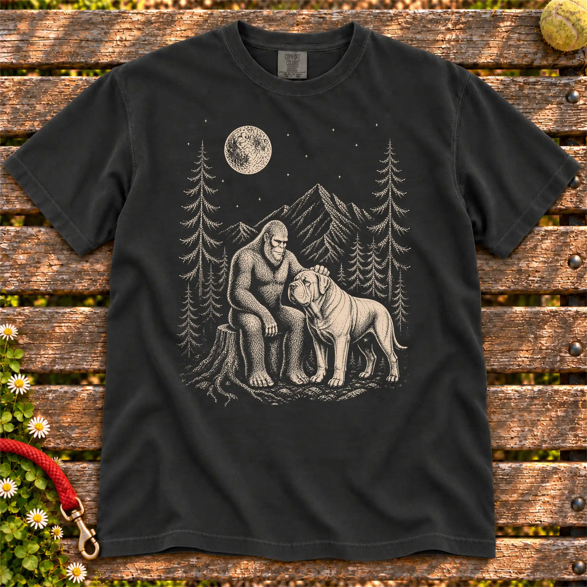 Mastiff Bigfoot Petting on a Black T-shirt, shown flat