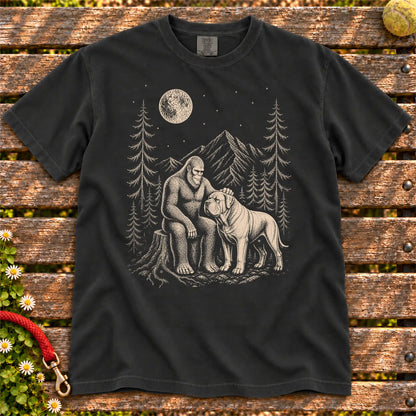 Mastiff Bigfoot Petting on a Black T-shirt, shown flat
