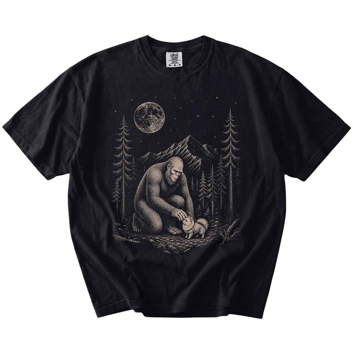 Bigfoot petting a Pomeranian beneath the moon in a pine forest on a Black Comfort Colors® T-shirt