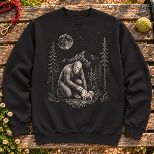 Pomeranian Bigfoot Petting on a Black crewneck sweatshirt, shown flat