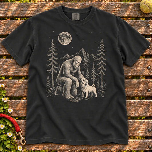 Pug Bigfoot Petting on a Black T-shirt, shown flat