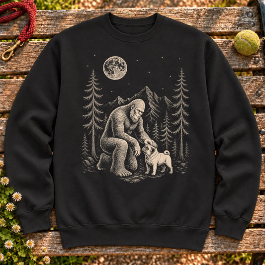Pug Bigfoot Petting on a Black crewneck sweatshirt, shown flat
