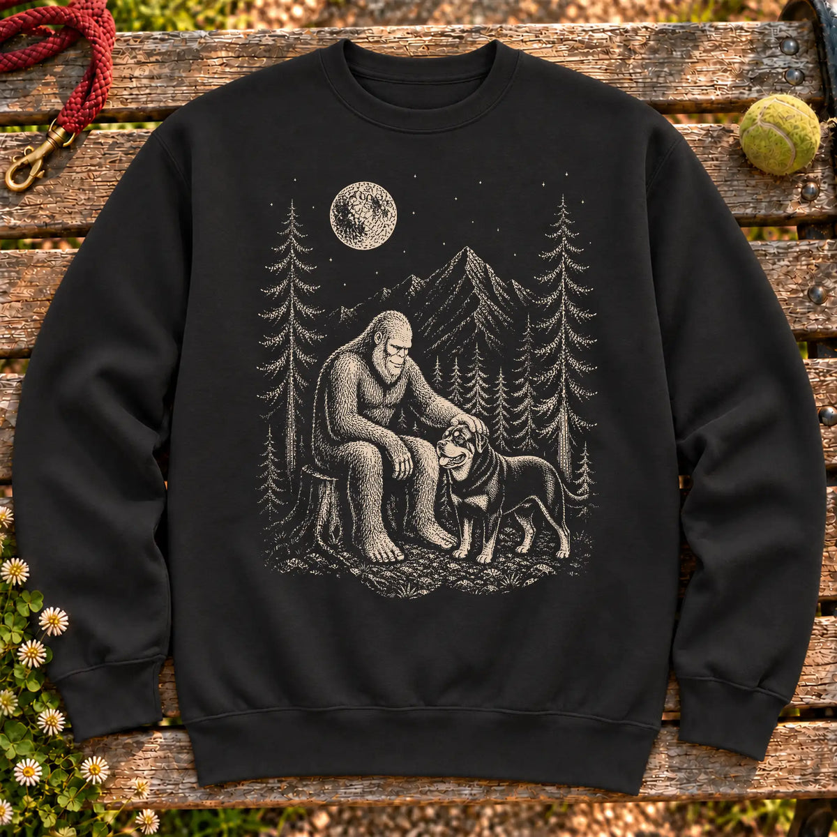 Rottweiler Bigfoot Petting on a Black crewneck sweatshirt, shown flat