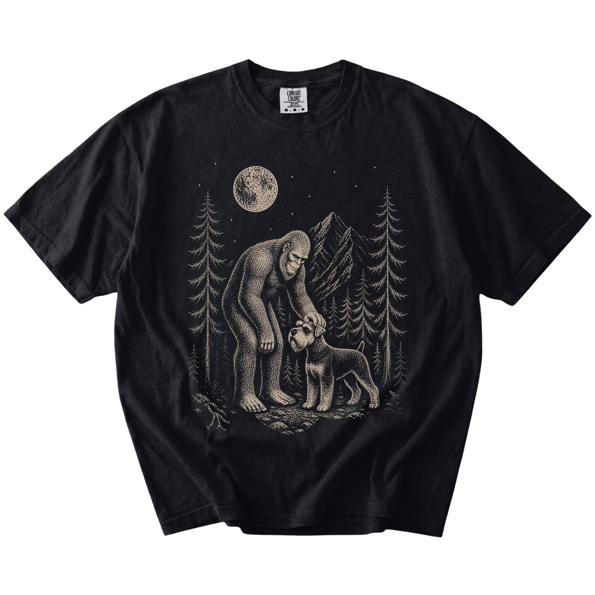 Bigfoot petting a Schnauzer beneath the moon in a pine forest on a Black Comfort Colors® T-shirt
