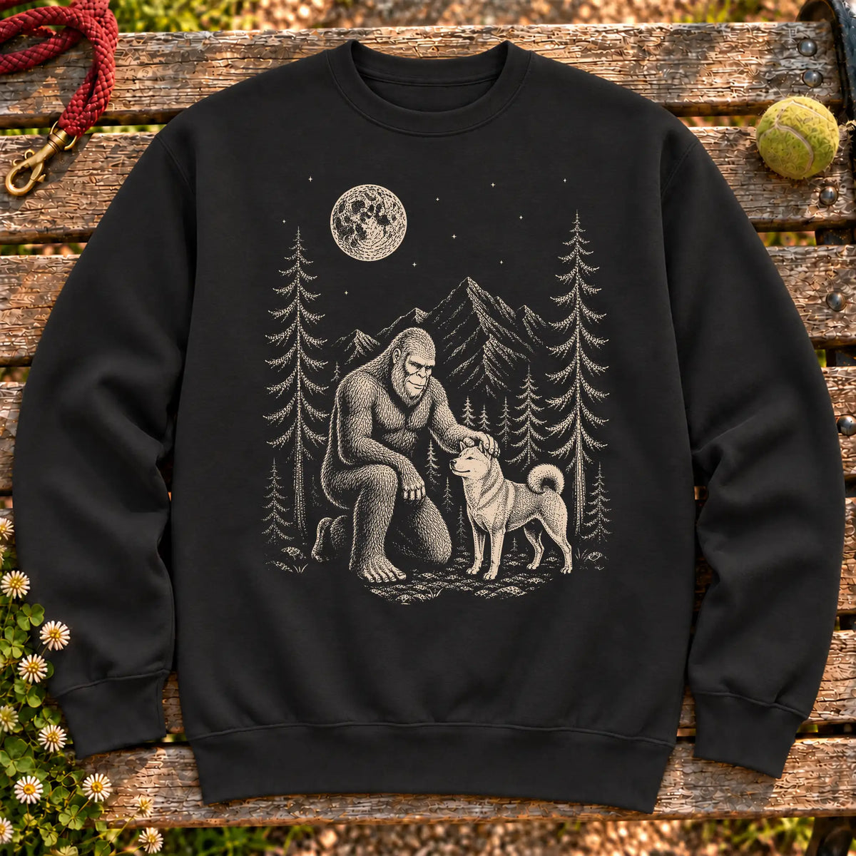 Shiba Inu Bigfoot Petting on a Black crewneck sweatshirt, shown flat