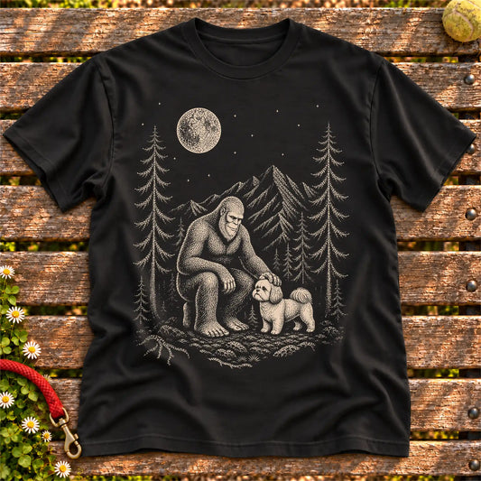 Shih Tzu Bigfoot Petting on a Black T-shirt, shown flat