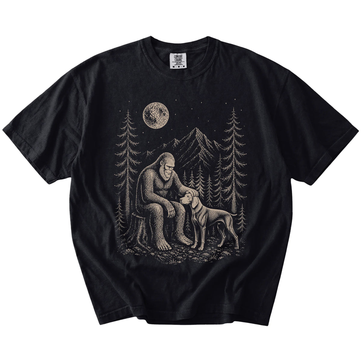 Bigfoot petting a Weimaraner beneath the moon in a pine forest on a Black Comfort Colors® T-shirt