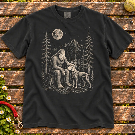 Weimaraner Bigfoot Petting on a Black T-shirt, shown flat