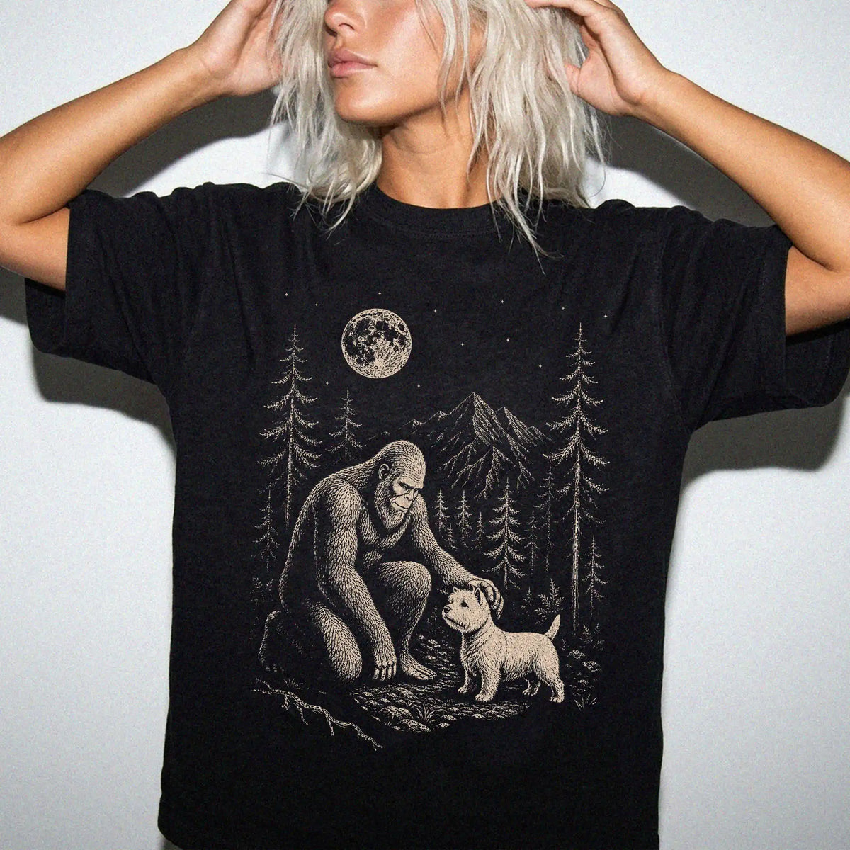 Person wearing the Westie and Bigfoot T-Shirt in Black