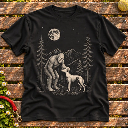 Whippet Bigfoot Petting on a Black T-shirt, shown flat