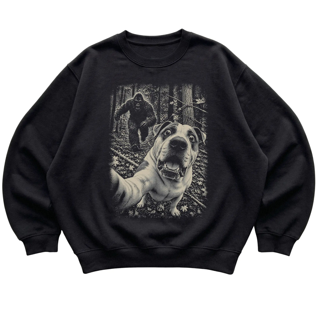 Black American Bulldog Bigfoot selfie sweatshirt, full garment view