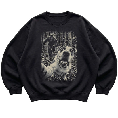 Black American Bulldog Bigfoot selfie sweatshirt, full garment view