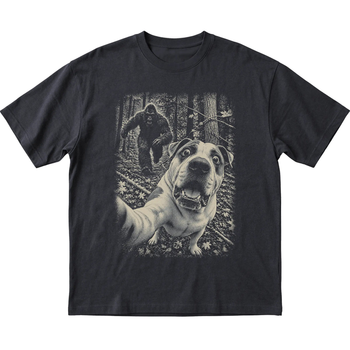 Black American Bulldog Bigfoot selfie T-shirt, full garment view