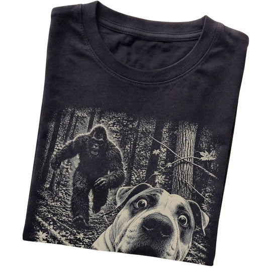 Black American Bulldog Bigfoot selfie T-shirt, close-up view