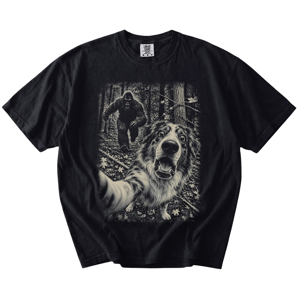 Black Australian Shepherd Bigfoot selfie T-shirt, full garment view