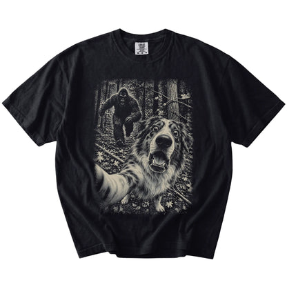 Black Australian Shepherd Bigfoot selfie T-shirt, full garment view