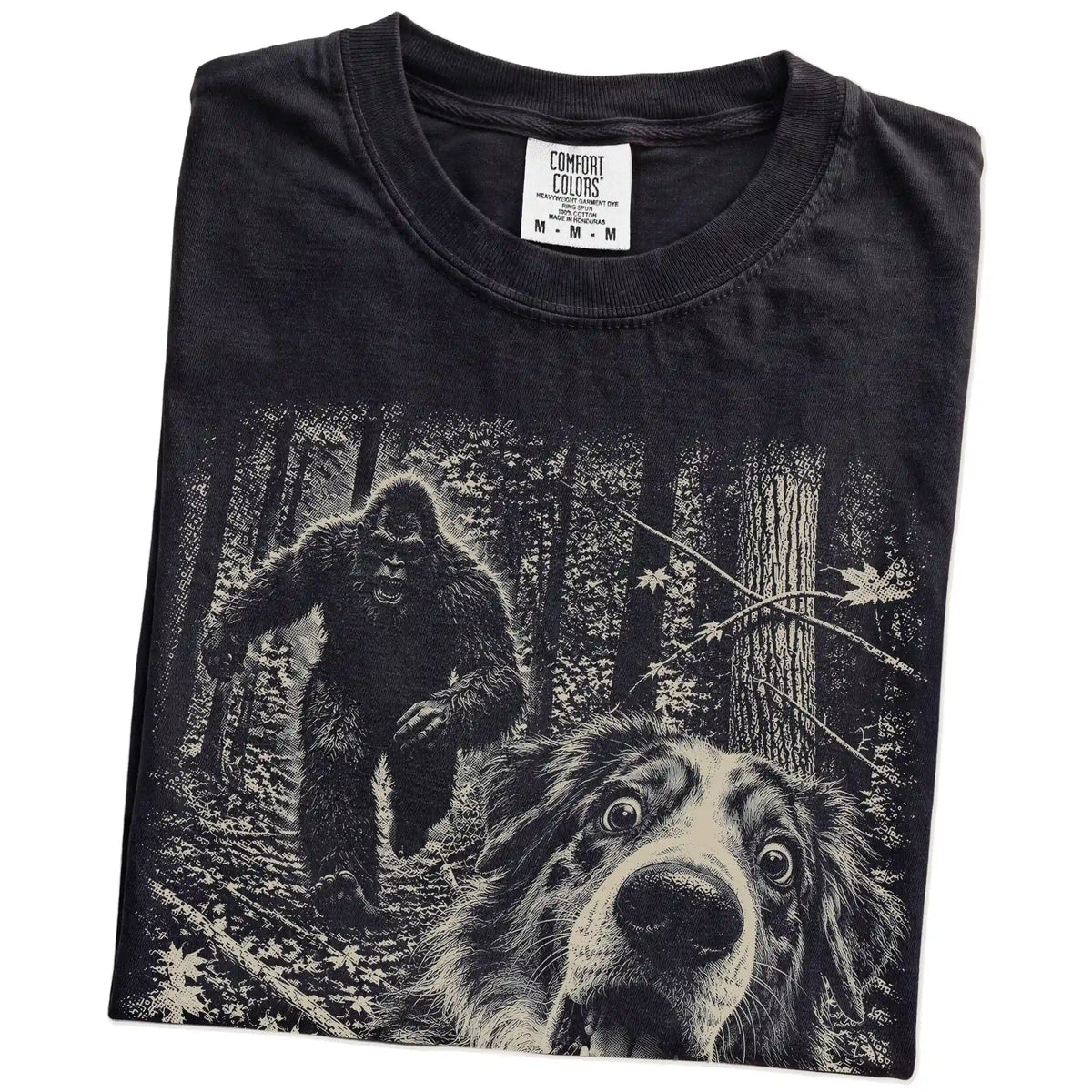Black Australian Shepherd Bigfoot selfie T-shirt, close-up view