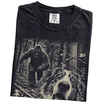 Black Australian Shepherd Bigfoot selfie T-shirt, close-up view