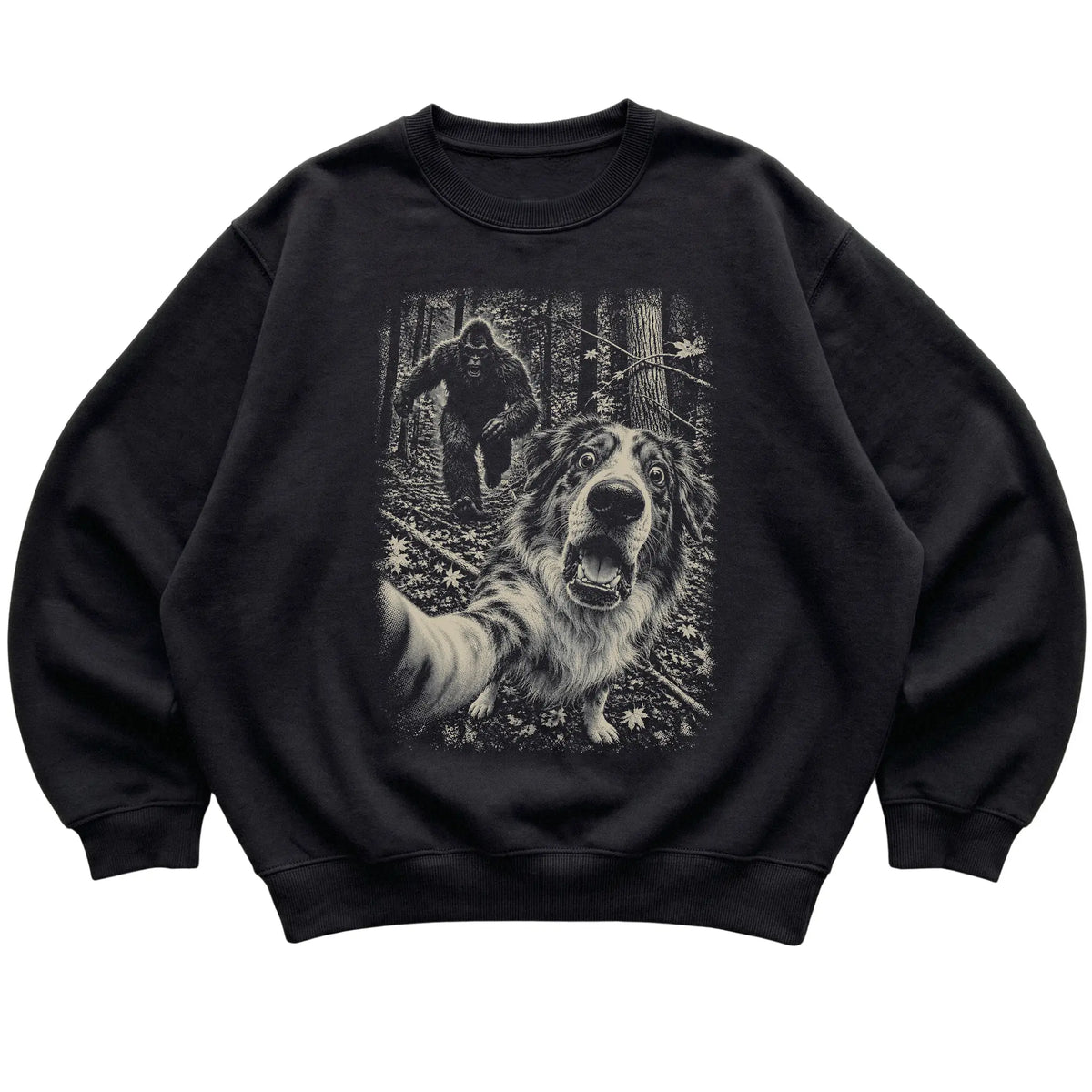 Black Australian Shepherd Bigfoot selfie sweatshirt, full garment view