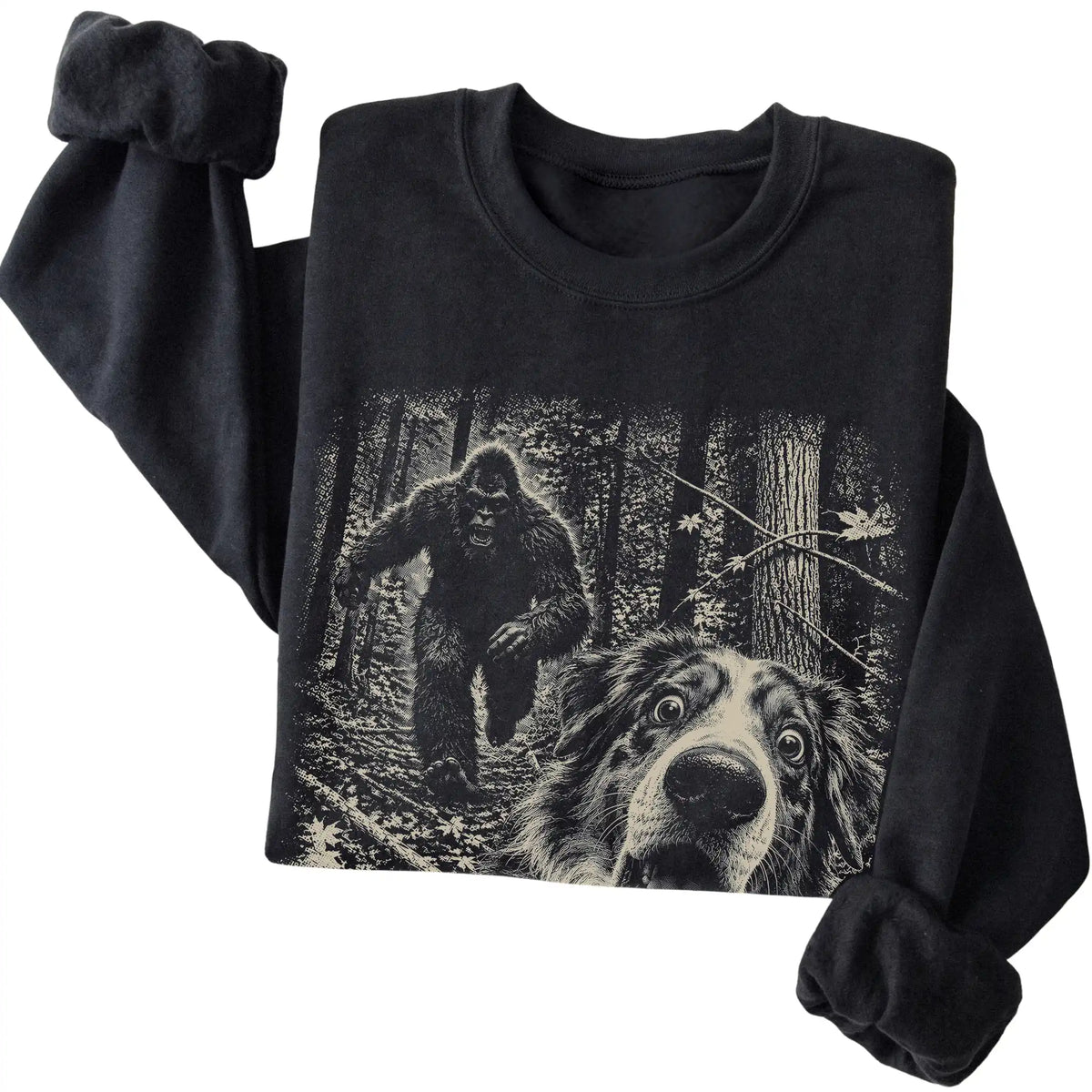 Black Australian Shepherd Bigfoot selfie sweatshirt, close-up view