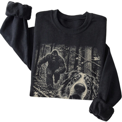 Black Australian Shepherd Bigfoot selfie sweatshirt, close-up view
