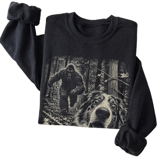 Black Australian Shepherd Bigfoot selfie sweatshirt, close-up view