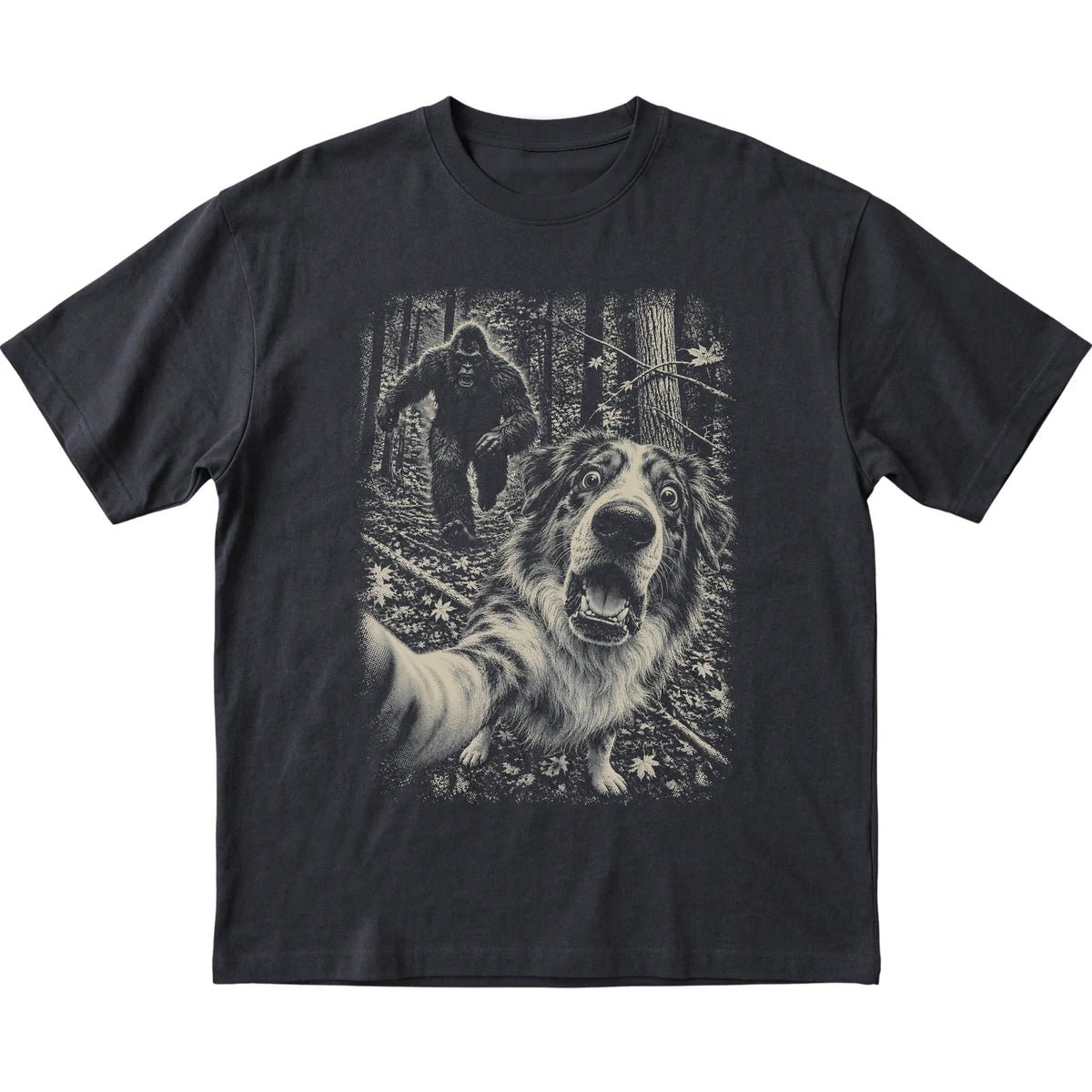 Black Australian Shepherd Bigfoot selfie T-shirt, full garment view