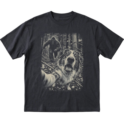 Black Australian Shepherd Bigfoot selfie T-shirt, full garment view