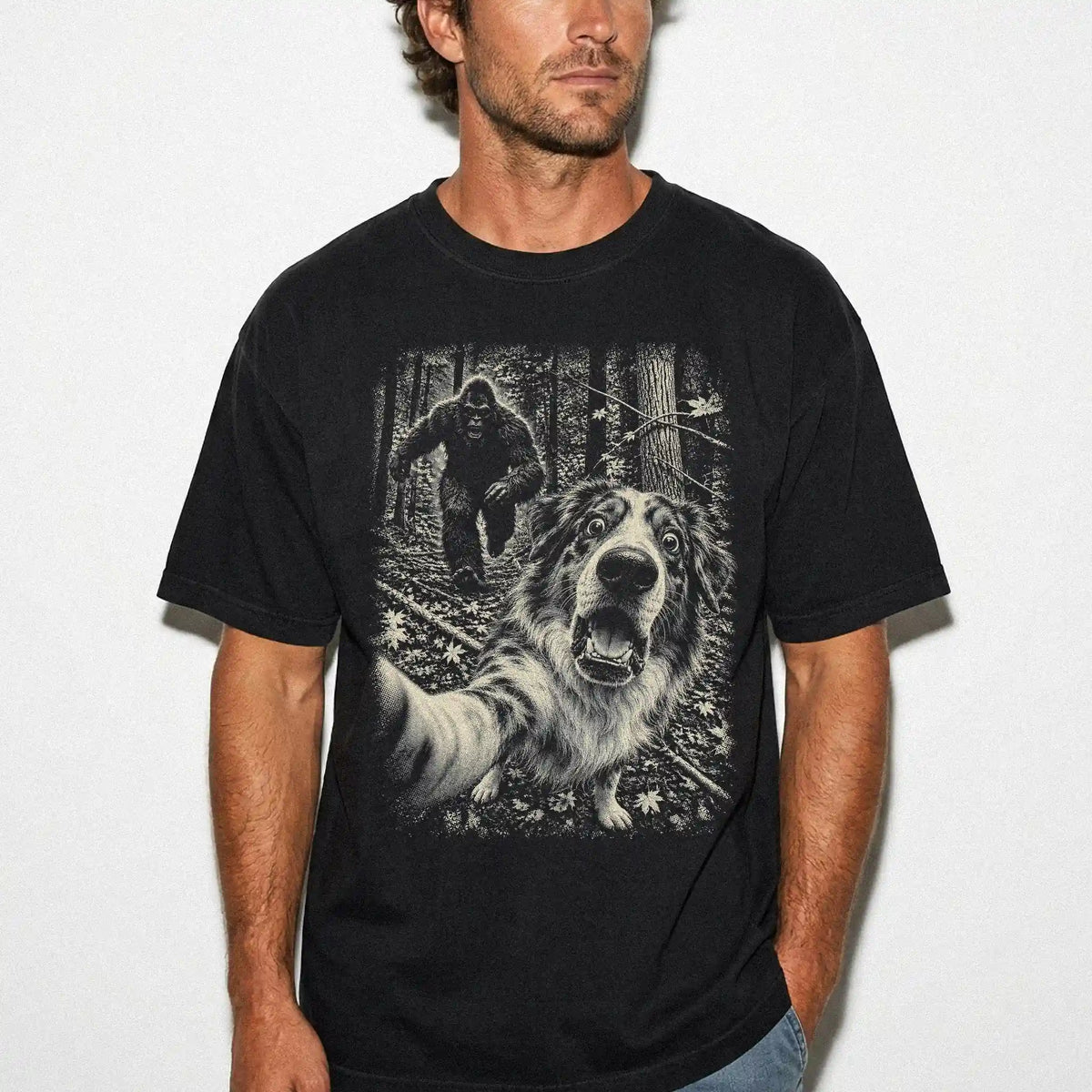 Black Australian Shepherd Bigfoot selfie T-shirt, worn by a model
