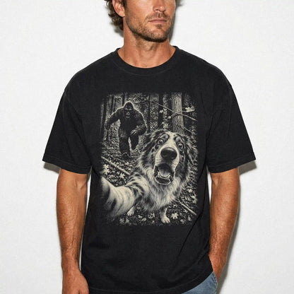 Black Australian Shepherd Bigfoot selfie T-shirt, worn by a model
