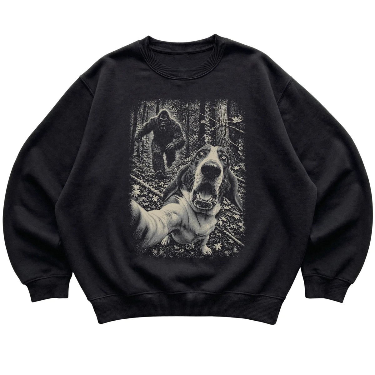 Black Basset Hound Bigfoot selfie sweatshirt, full garment view