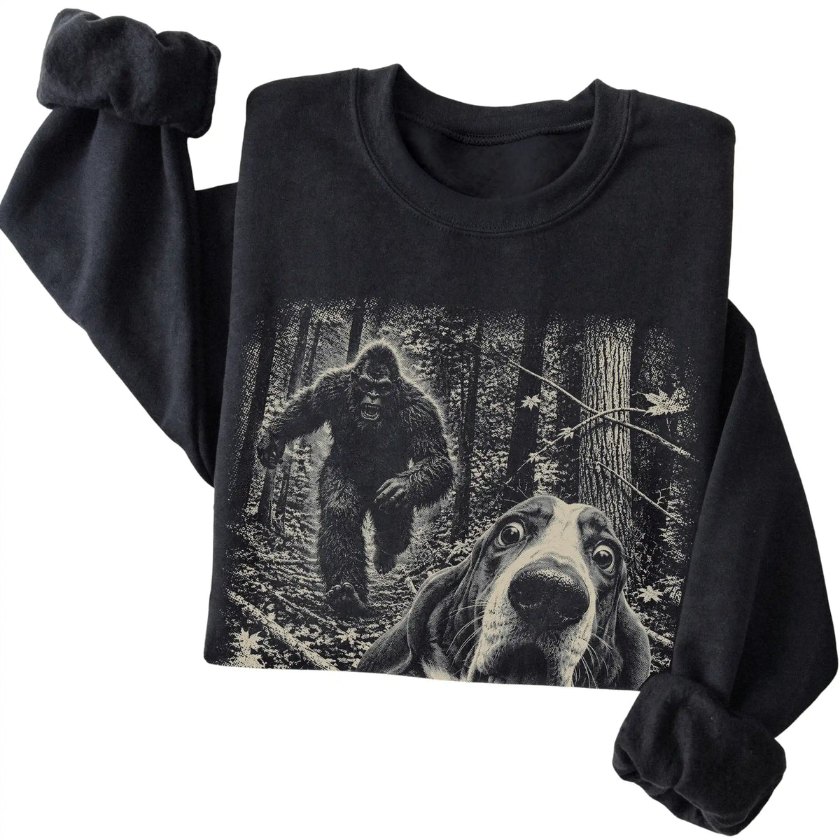 Black Basset Hound Bigfoot selfie sweatshirt, close-up view