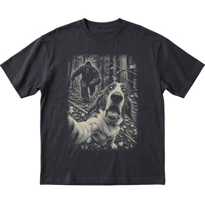 Black Basset Hound Bigfoot selfie T-shirt, full garment view