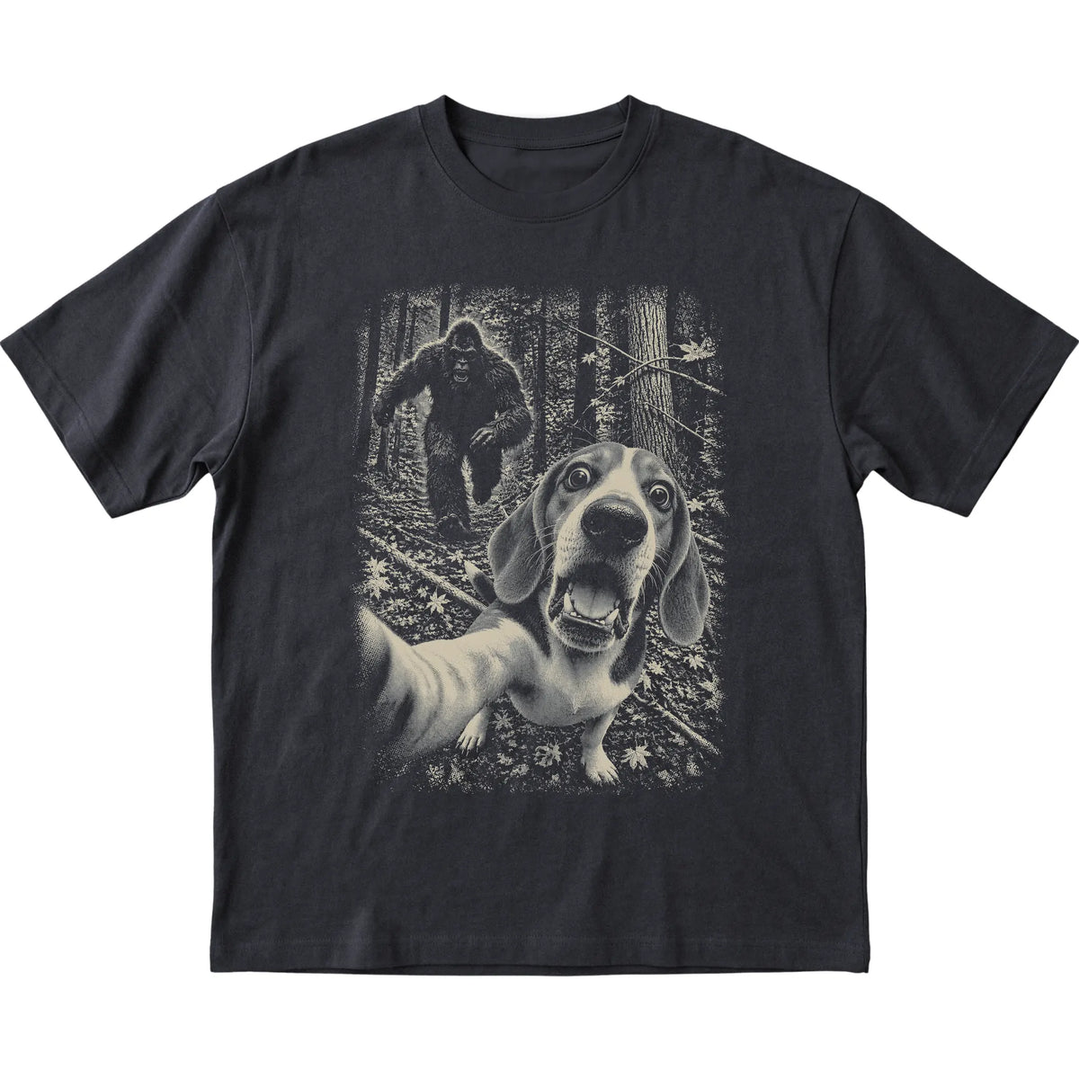 Black Beagle Bigfoot selfie T-shirt, full garment view