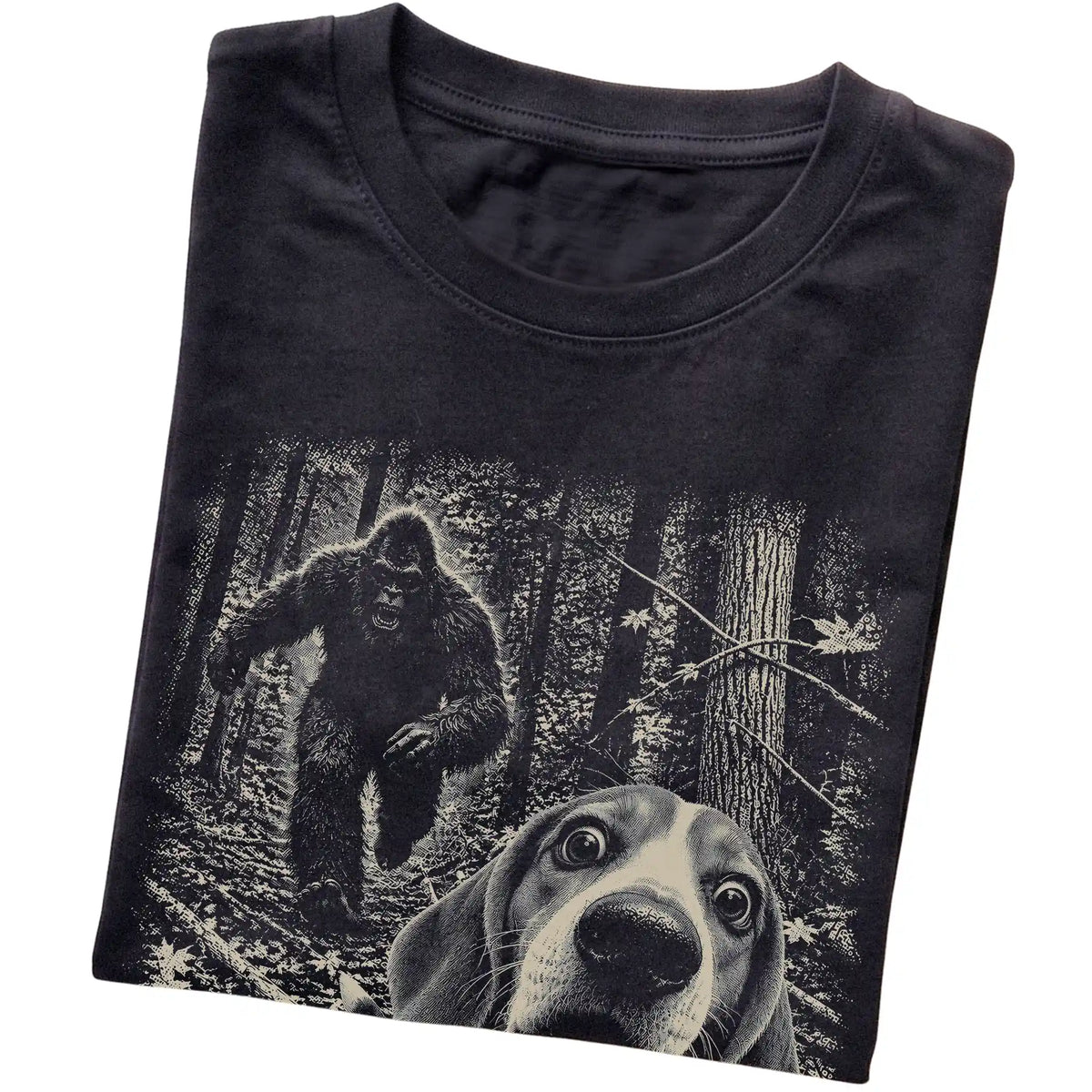 Black Beagle Bigfoot selfie T-shirt, close-up view
