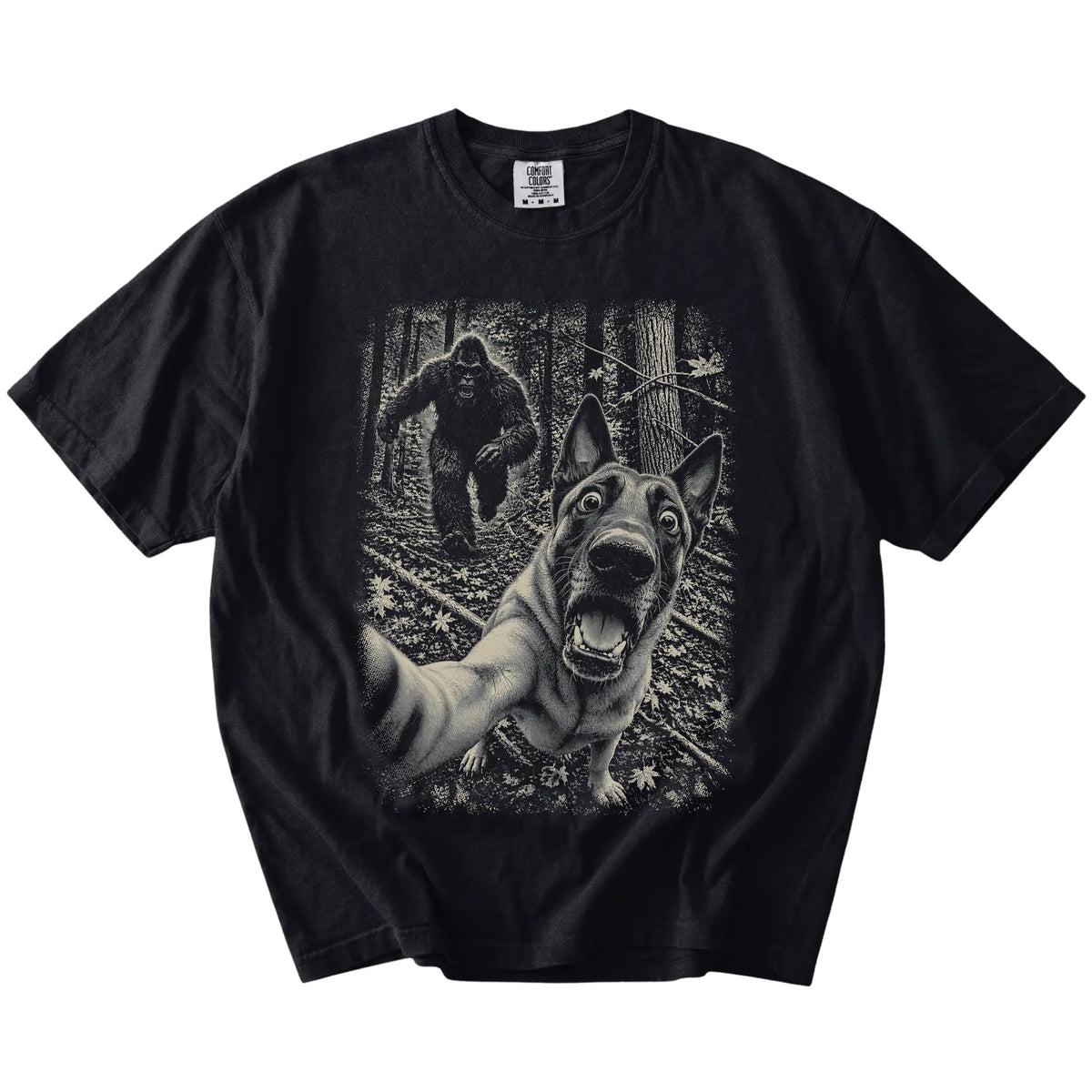 Black Belgian Malinois Bigfoot selfie T-shirt, full garment view