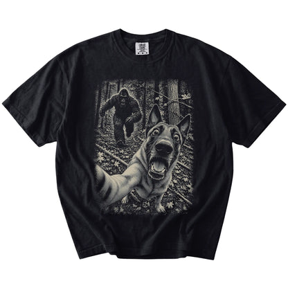Black Belgian Malinois Bigfoot selfie T-shirt, full garment view