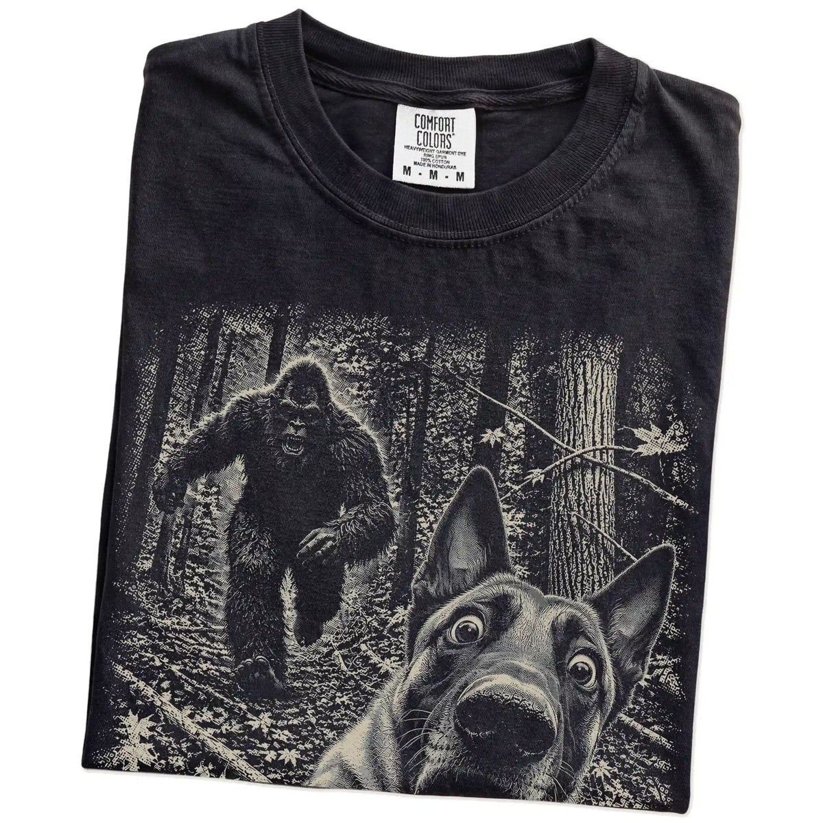 Black Belgian Malinois Bigfoot selfie T-shirt, close-up view