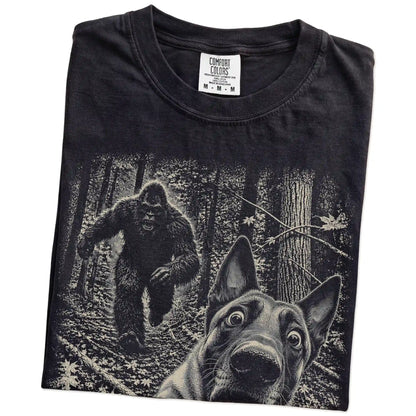 Black Belgian Malinois Bigfoot selfie T-shirt, close-up view