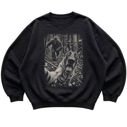 Black Belgian Malinois Bigfoot selfie sweatshirt, full garment view