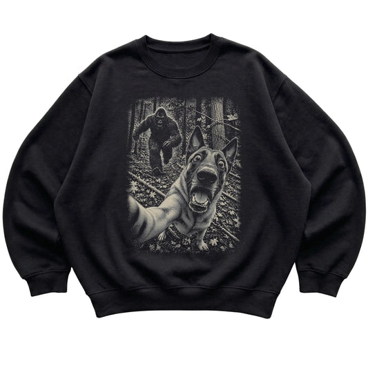 Black Belgian Malinois Bigfoot selfie sweatshirt, full garment view