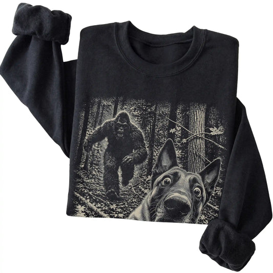 Black Belgian Malinois Bigfoot selfie sweatshirt, close-up view