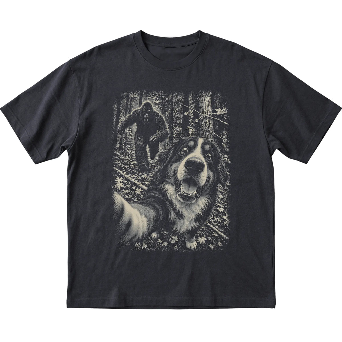 Black Bernese Mountain Dog Bigfoot selfie T-shirt, full garment view
