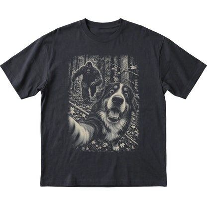 Black Bernese Mountain Dog Bigfoot selfie T-shirt, full garment view
