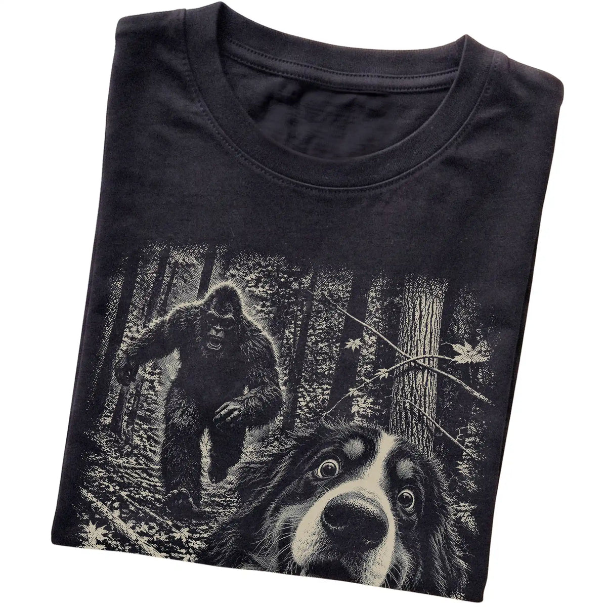 Black Bernese Mountain Dog Bigfoot selfie T-shirt, close-up view